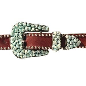 Leatherock Brown Leather Studded Womens Belt Turquoise Buckle Southwestern West